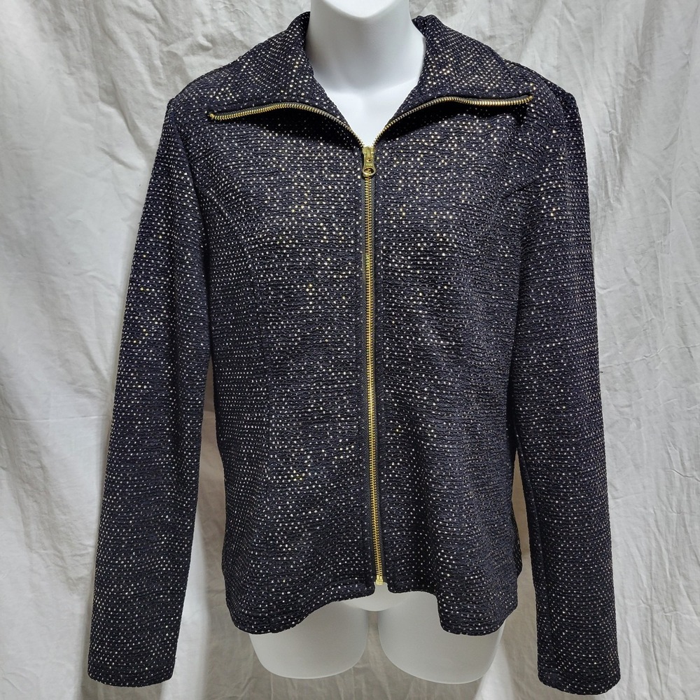Clara Sun Woo Jacket Womens Sz S Black Silver Gold Sparkle Full Zip Knit Stretch